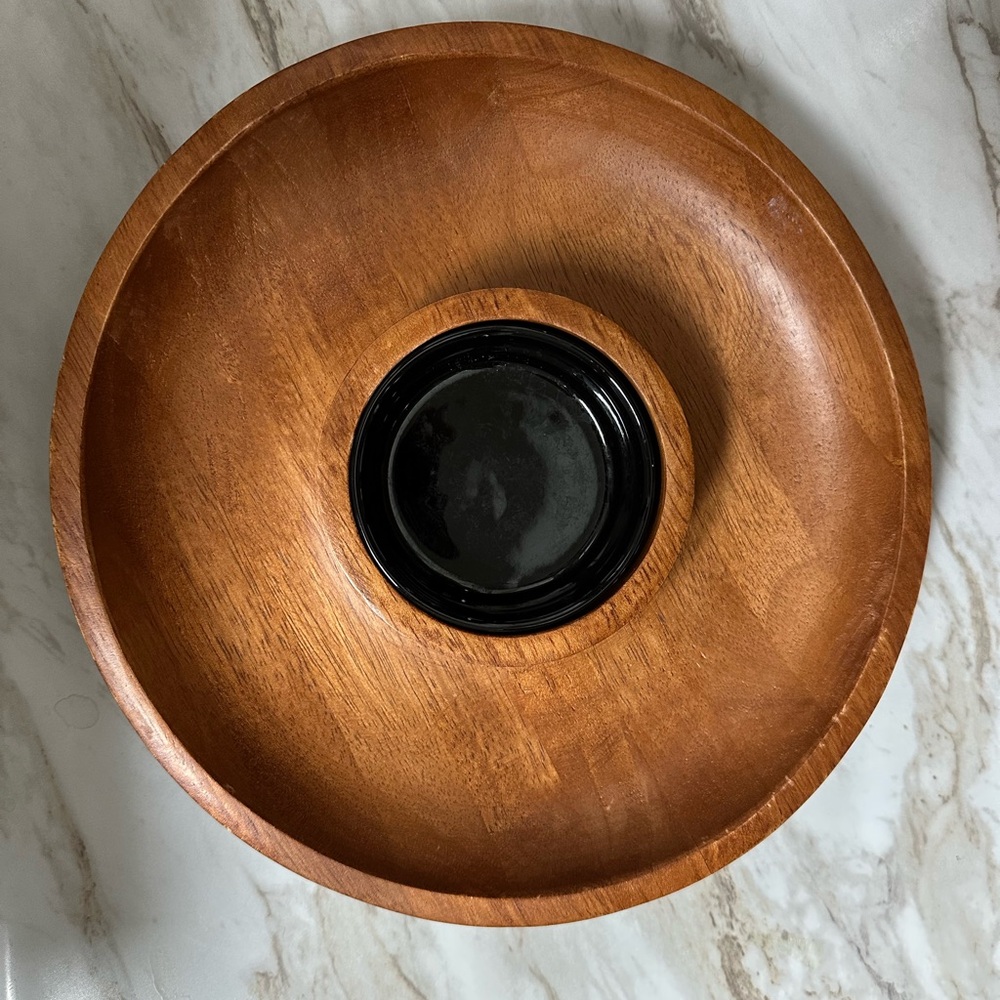 Mid Century Solid Mahogany Chip and Dip Bowl Set Made in Thailand